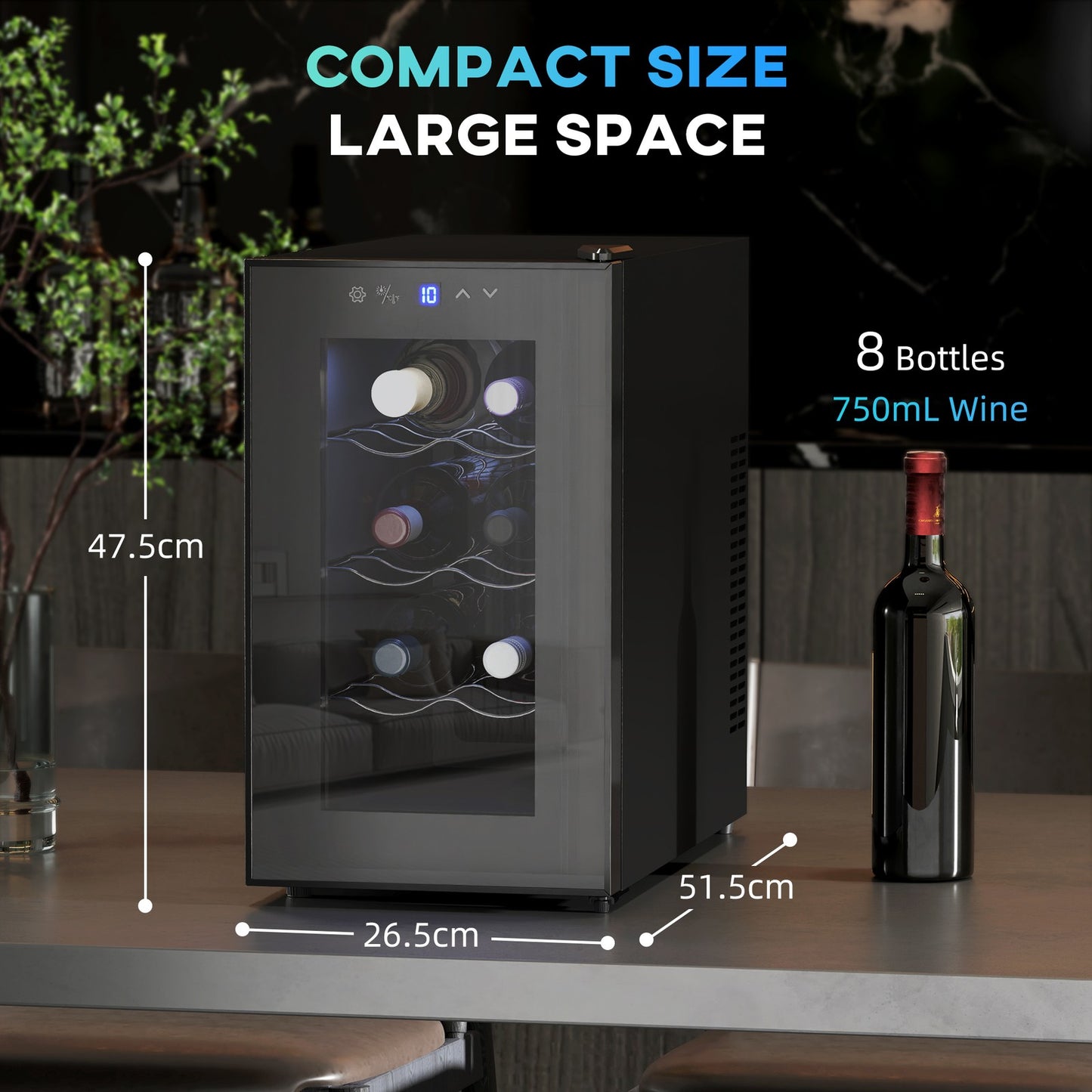 Mini Drinks and Wine Fridge, Freestanding Wine Cooler Fridge, 8 Bottle, Black