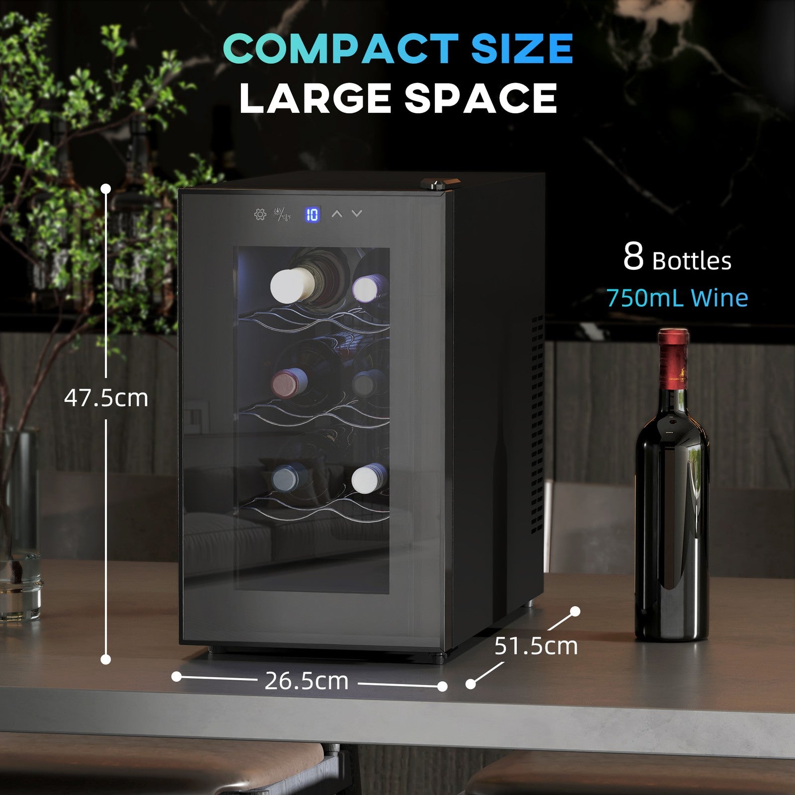 Mini Drinks and Wine Fridge, Freestanding Wine Cooler Fridge, 8 Bottle, Black