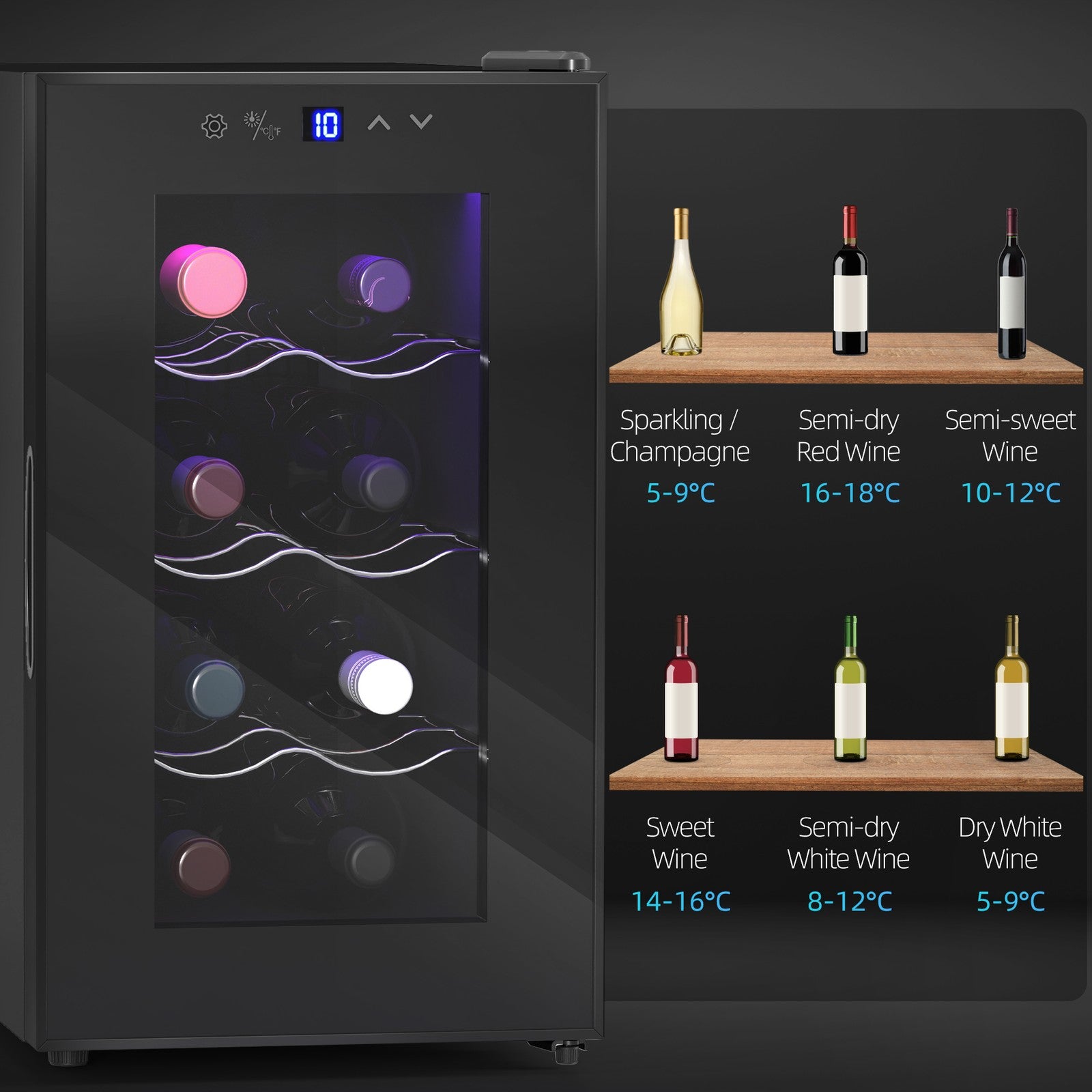 Mini Drinks and Wine Fridge, Freestanding Wine Cooler Fridge, 8 Bottle, Black