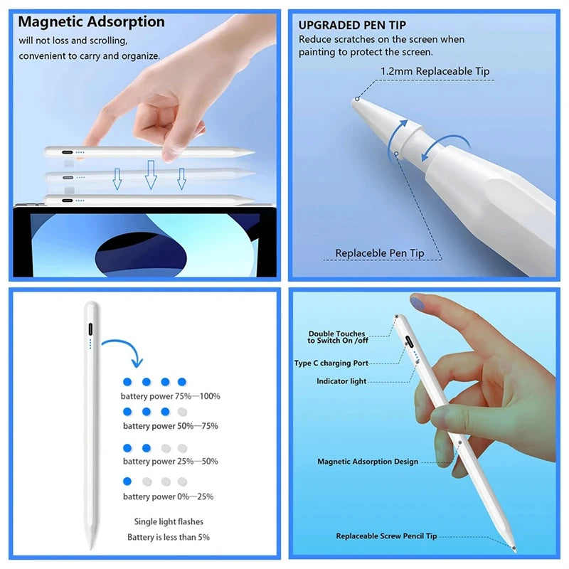 Stylus Pen for iPad – Palm Rejection, Power Display & Precision Drawing (Apple Pencil Compatible)
