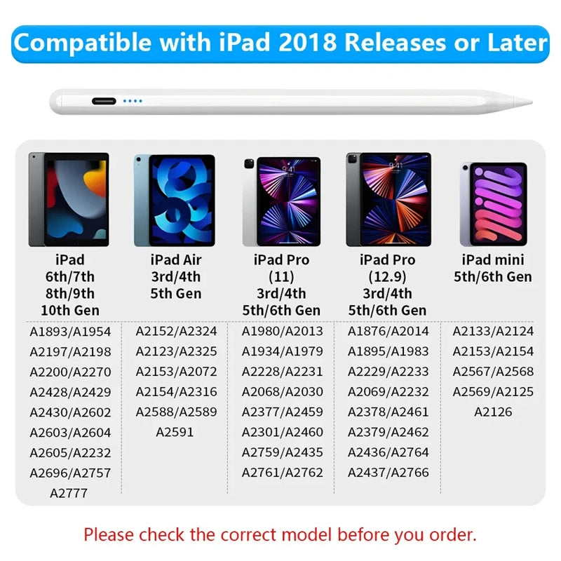 Stylus Pen for iPad – Palm Rejection, Power Display & Precision Drawing (Apple Pencil Compatible)